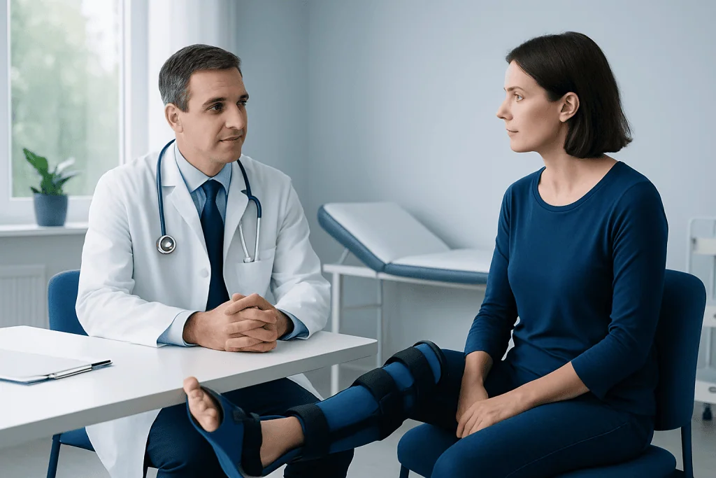 Doctor consulting with a patient with a knee brace in a medical office.