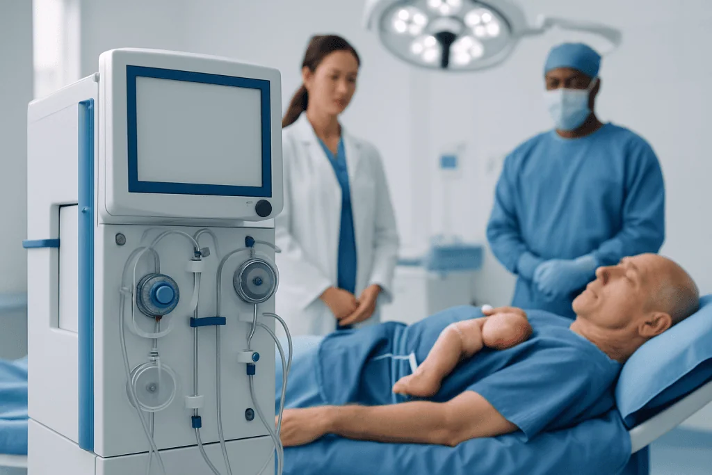 Patient undergoing kidney transplantation procedure in hospital.