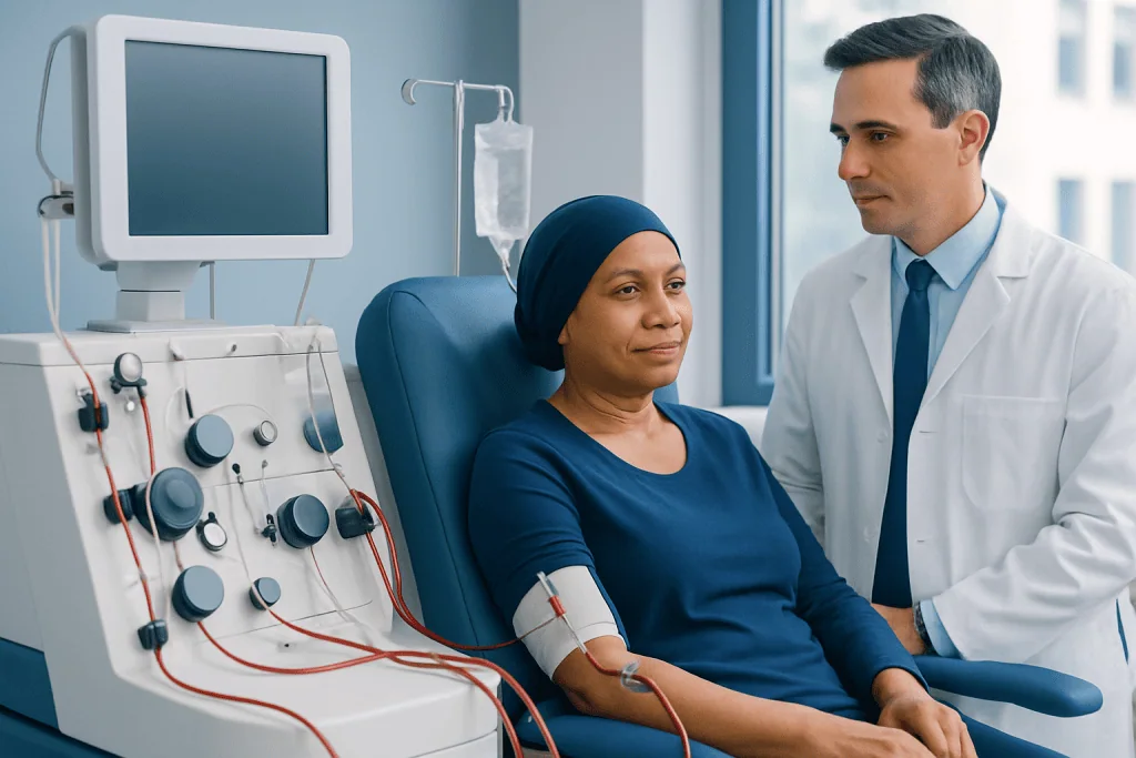 Patient undergoing dialysis treatment in a hospital clinic.