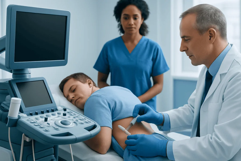 Doctor performing nerve block injection on a young patient in hospital.
