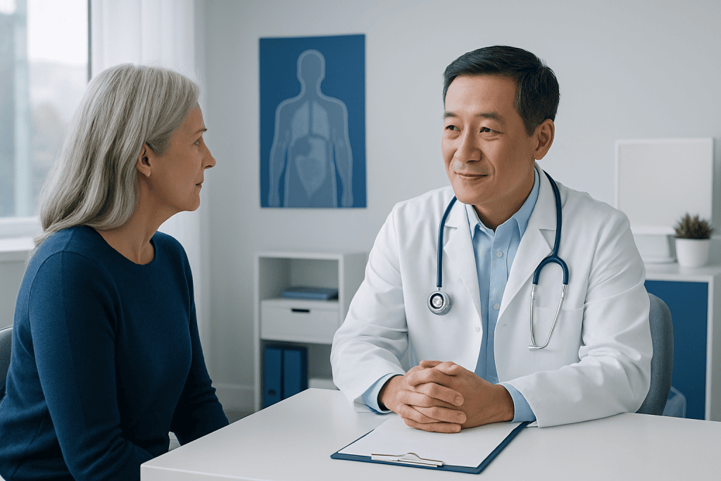 Doctor consulting with an elderly female patient in a modern hospital room.