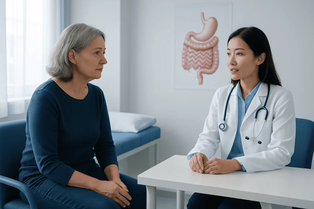 Doctor consulting with an elderly woman about digestive health in a clinic.