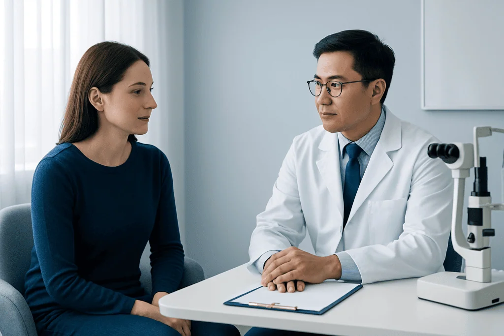 Doctor consulting female patient in a modern medical office.