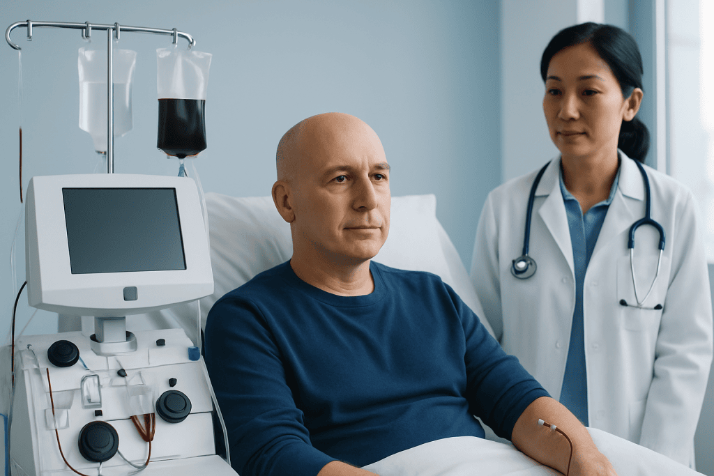 Patient undergoing dialysis treatment in a hospital setting.