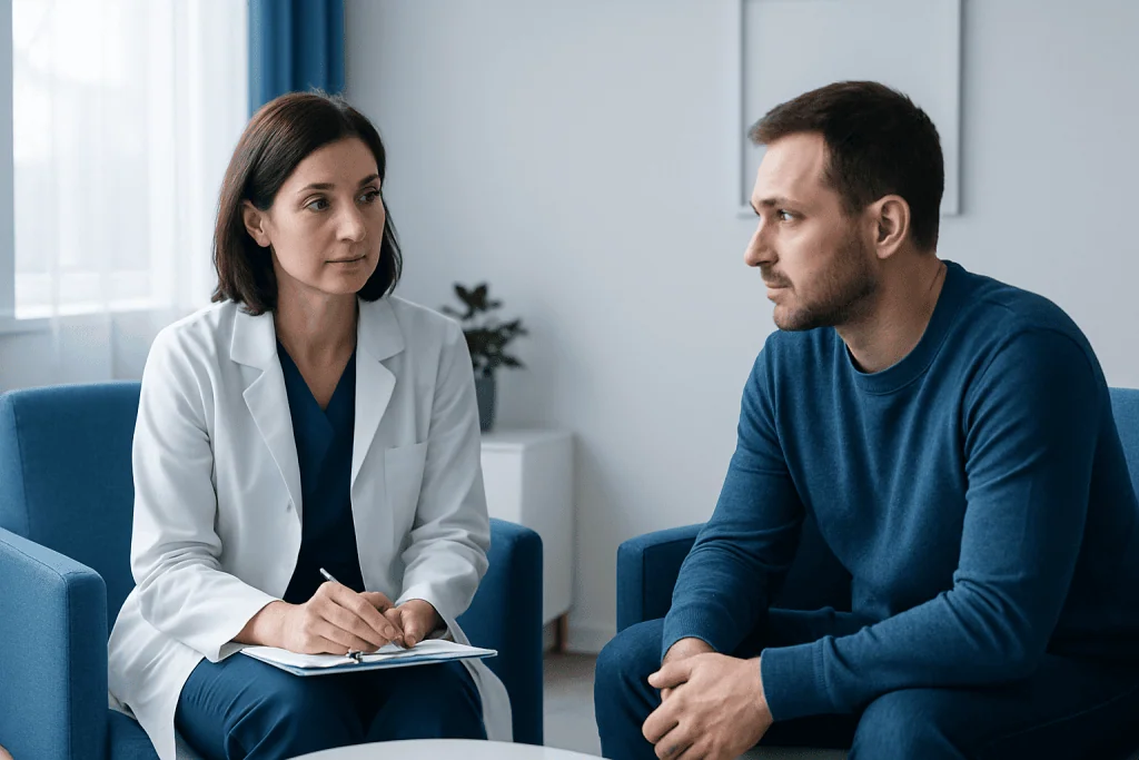 Doctor consulting with a male patient in a modern clinic setting.