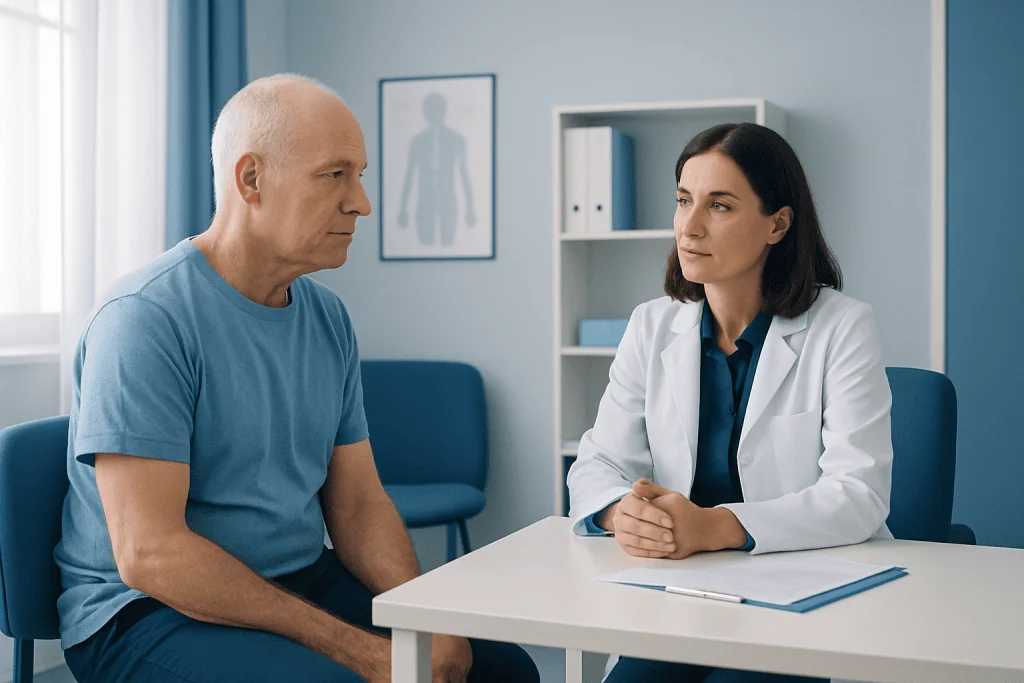 Doctor consulting with a male patient in a medical office setting.