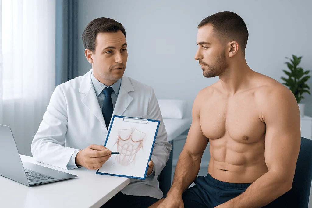 Doctor explaining anal anatomy to patient during consultation at Acibadem Hospital.