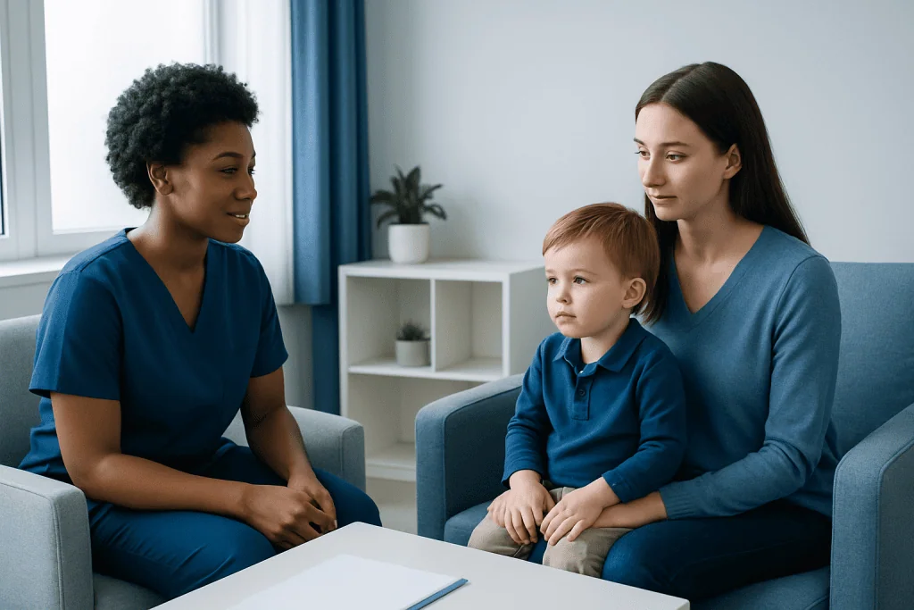Child in therapy session with a healthcare professional and mother.