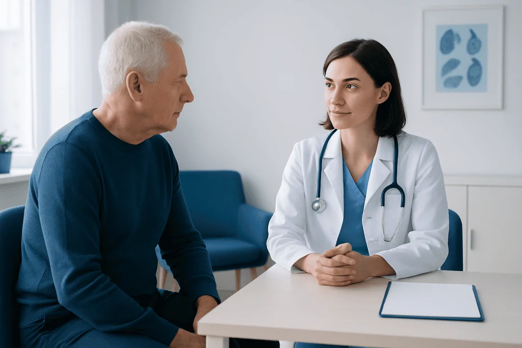 Doctor consulting with elderly male patient in a medical office.