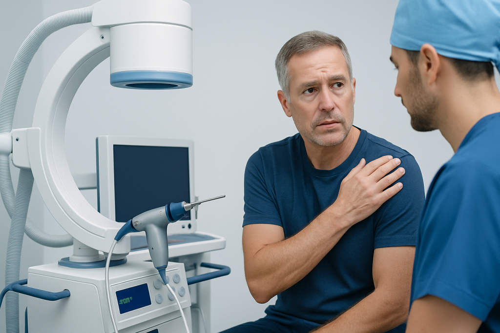 Patient consulting with doctor in medical examination room with imaging equipment.
