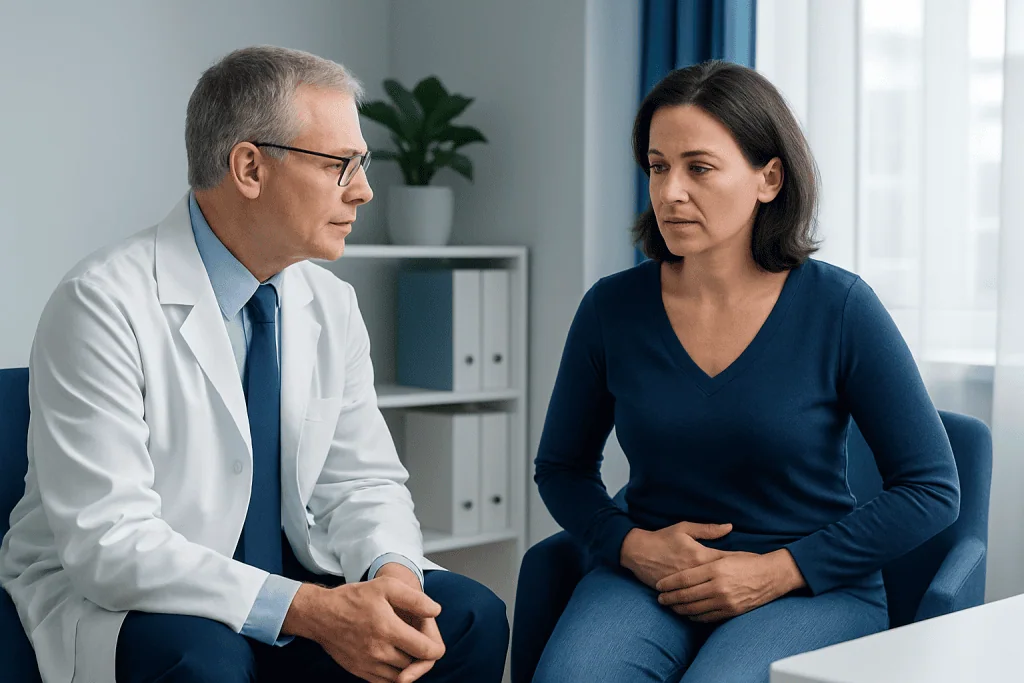 Doctor consulting with a woman patient in a medical office.