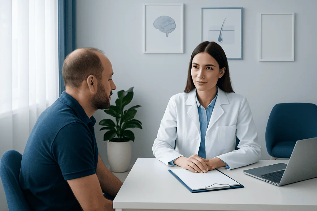 Doctor consulting with patient in a modern medical office setting.