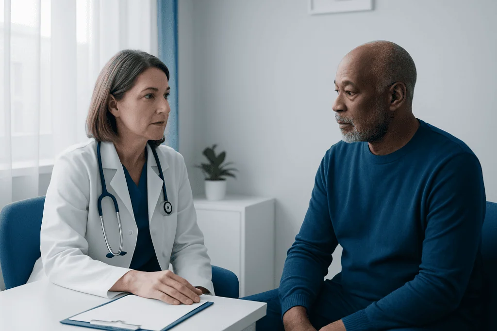 Doctor consulting with a patient in a medical office setting.
