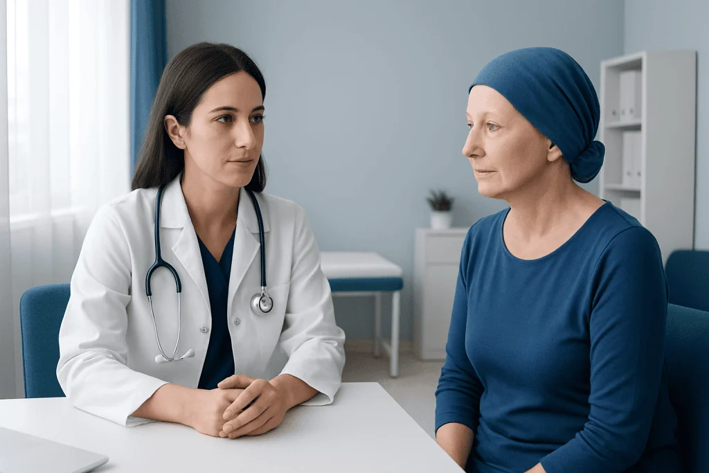 Doctor consulting a patient in a hospital room for cancer treatment.