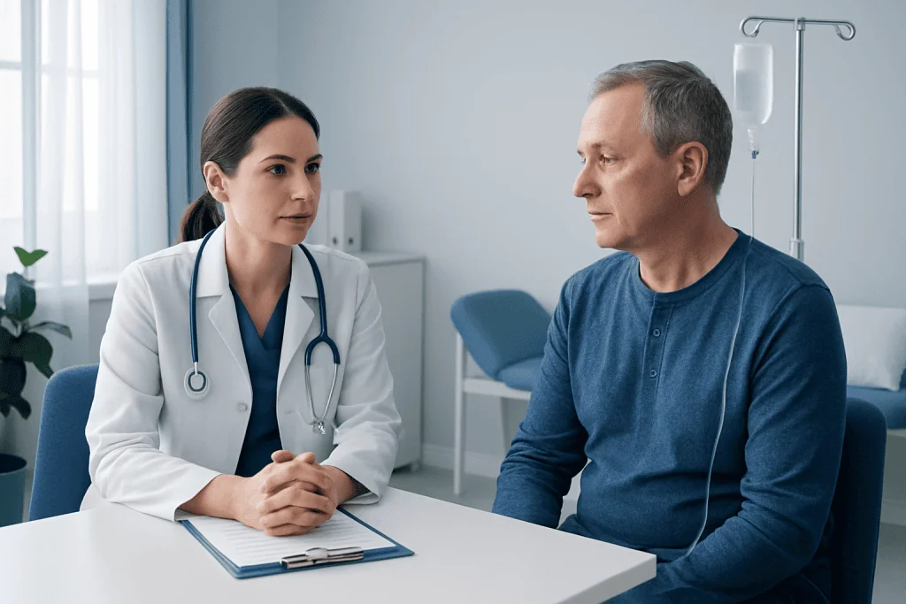 Doctor consulting with male patient in hospital room.