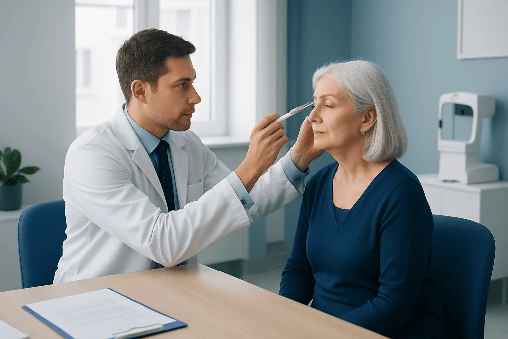Doctor administering eye injection to elderly woman in clinic setting.