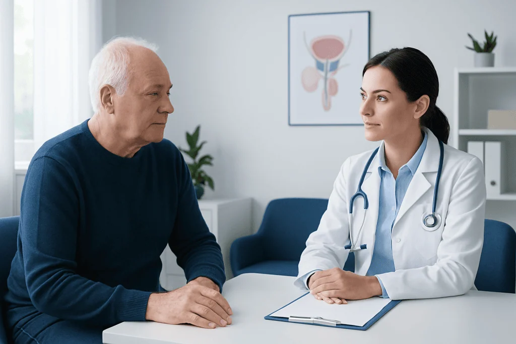 Urologist consulting with an elderly male patient in a modern clinic.