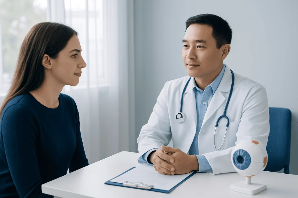 Ophthalmologist consulting a patient about eye health and laser surgery options.