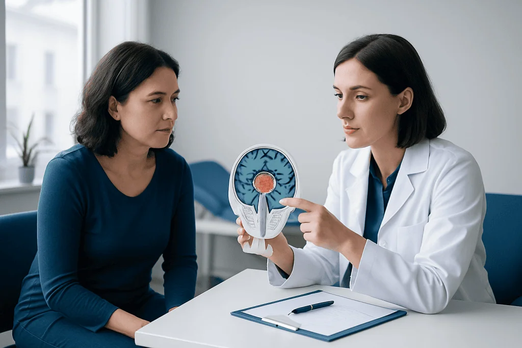 Doctor explaining brain tumor treatment options to patient with brain model.