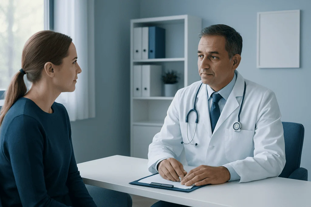 Doctor consulting with a patient in a modern medical office.