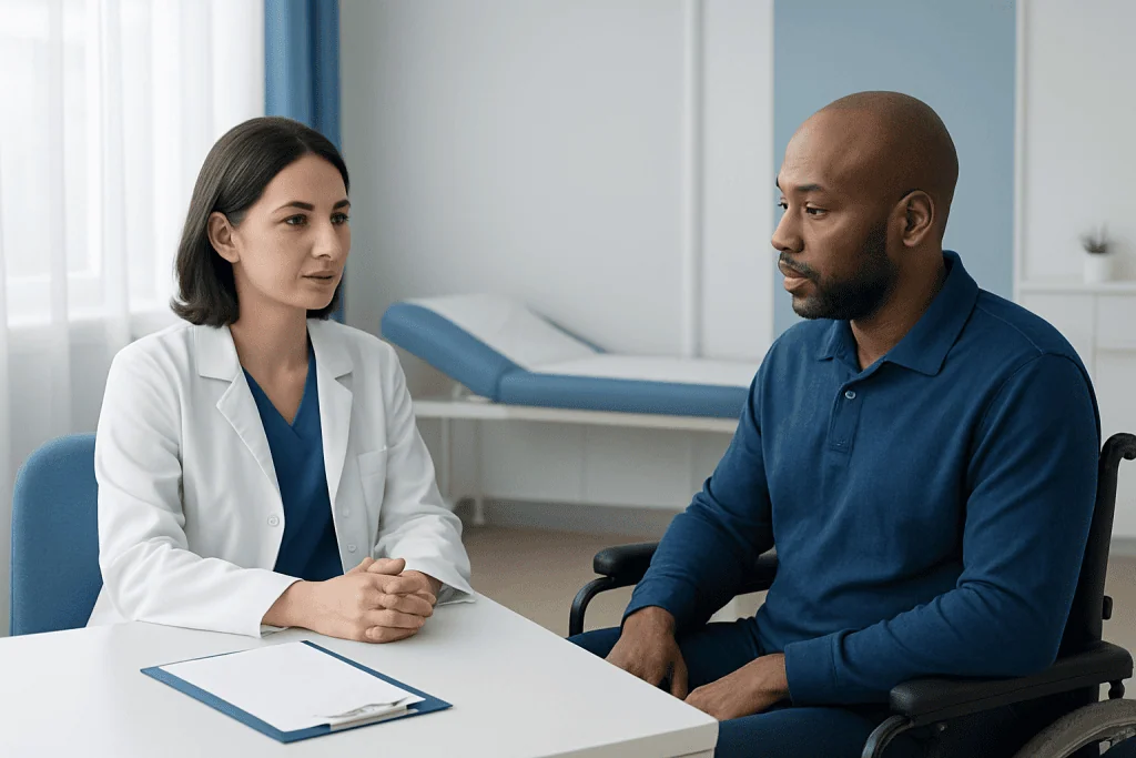 Doctor consulting patient in a medical office setting.