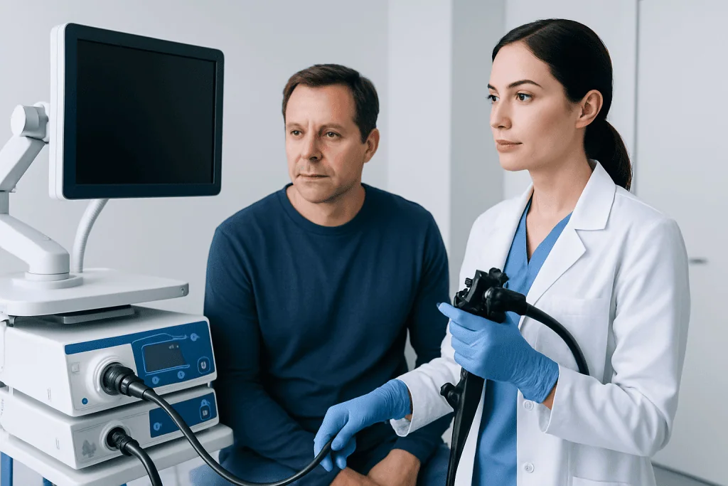 Doctor performing endoscopy procedure on male patient in clinic.