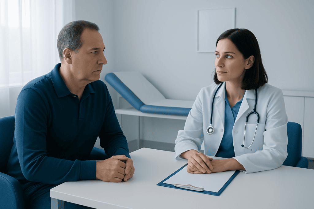 Doctor consulting with patient in a medical office.