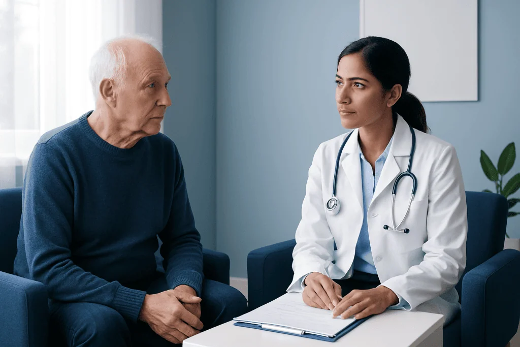 Doctor consulting with elderly male patient in a medical office.