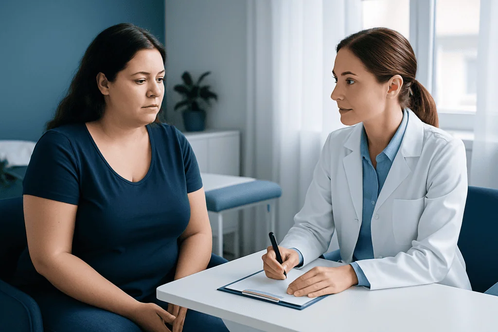Consultation with a plastic surgeon about reduction mammoplasty options.