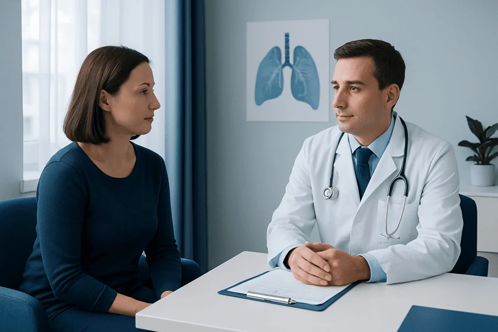 Doctor consulting with a patient in a medical office with lung diagram in background.