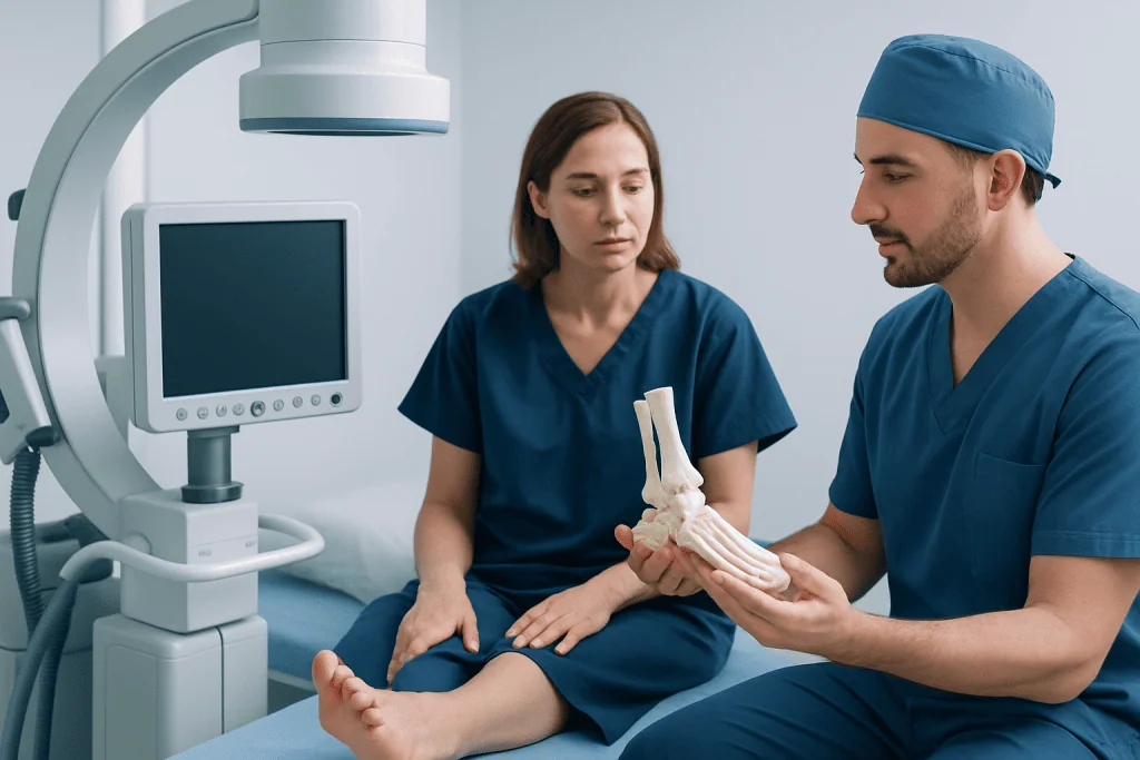Medical professionals discussing bun surgery with a 3D model in a clinical setting.