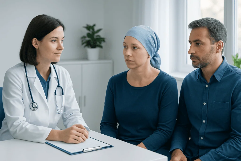 Doctor consulting with a female patient and her partner in a medical office.