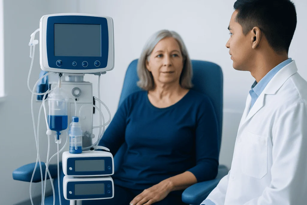 Doctor consulting with a patient in a hospital room with medical equipment.