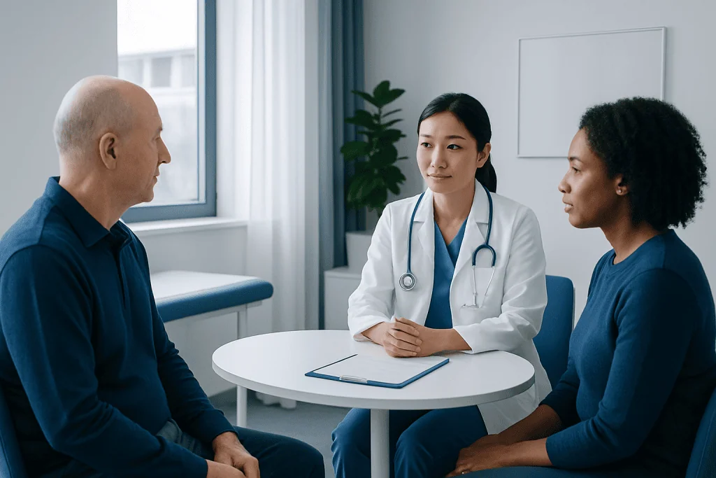 Doctor consulting with two patients in a medical office.