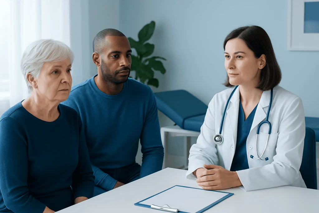 Doctor consulting with elderly and middle-aged patients in a hospital setting.