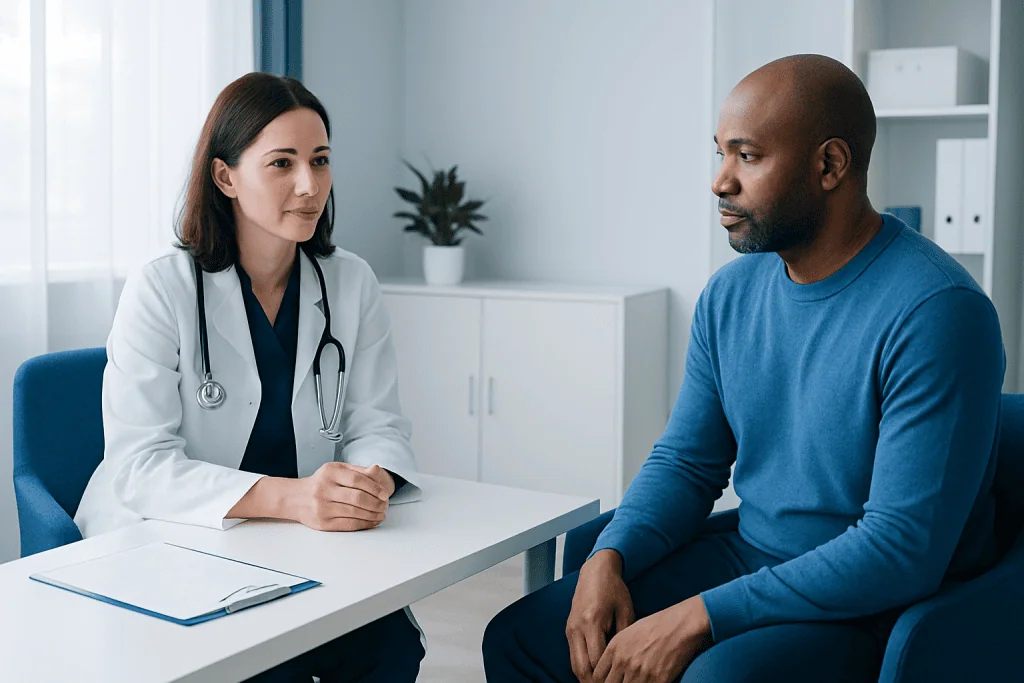 Doctor consulting patient in a modern medical office setting.