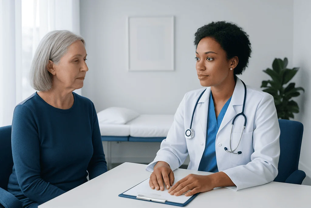 Doctor consulting with an elderly female patient in a medical office.