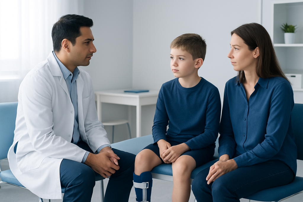 Doctor consulting with a young boy and his mother in a medical office.