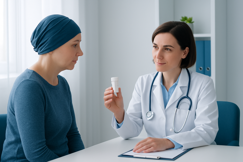 Doctor explaining medication to a patient in a clinical setting.