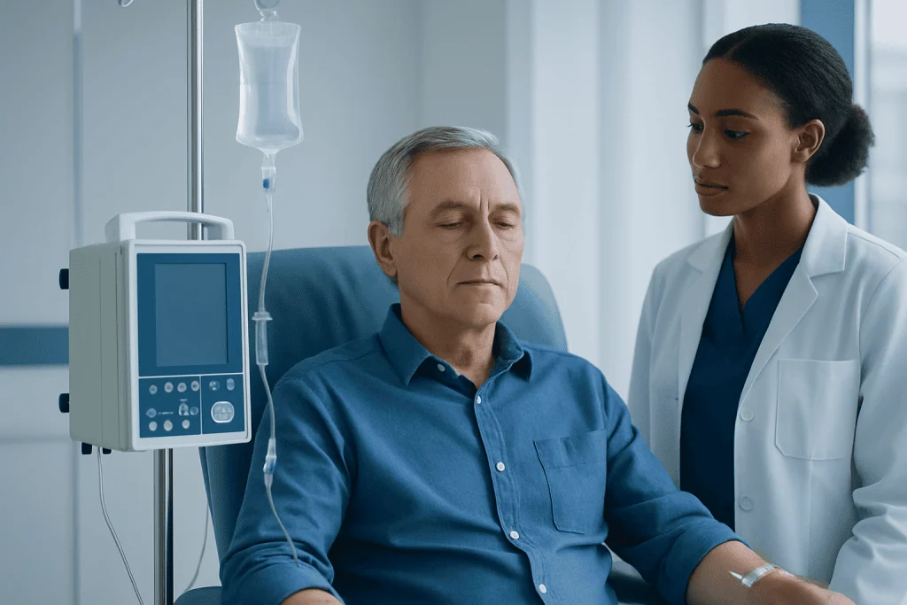 Patient receiving chemotherapy treatment in hospital with medical staff present.