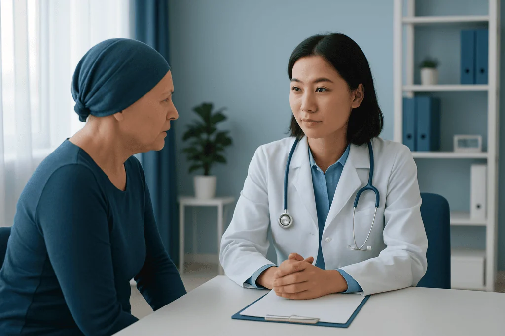 Doctor consulting with a female patient in a modern hospital room.