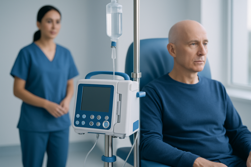 Patient receiving chemotherapy treatment in hospital setting.