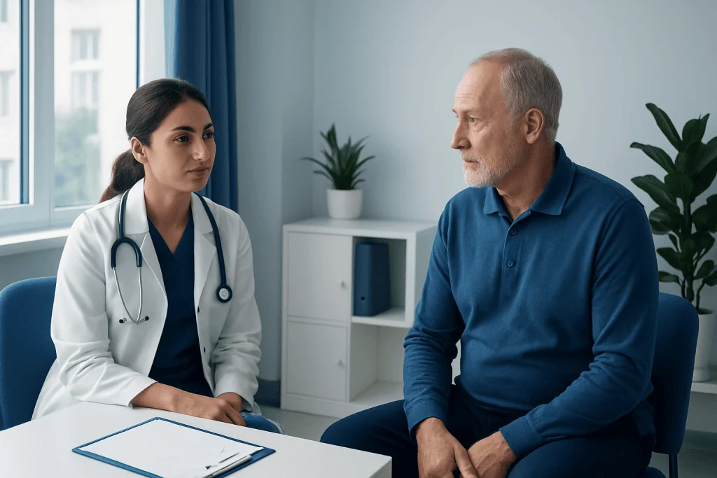 Doctor consulting with an elderly male patient in a medical office.