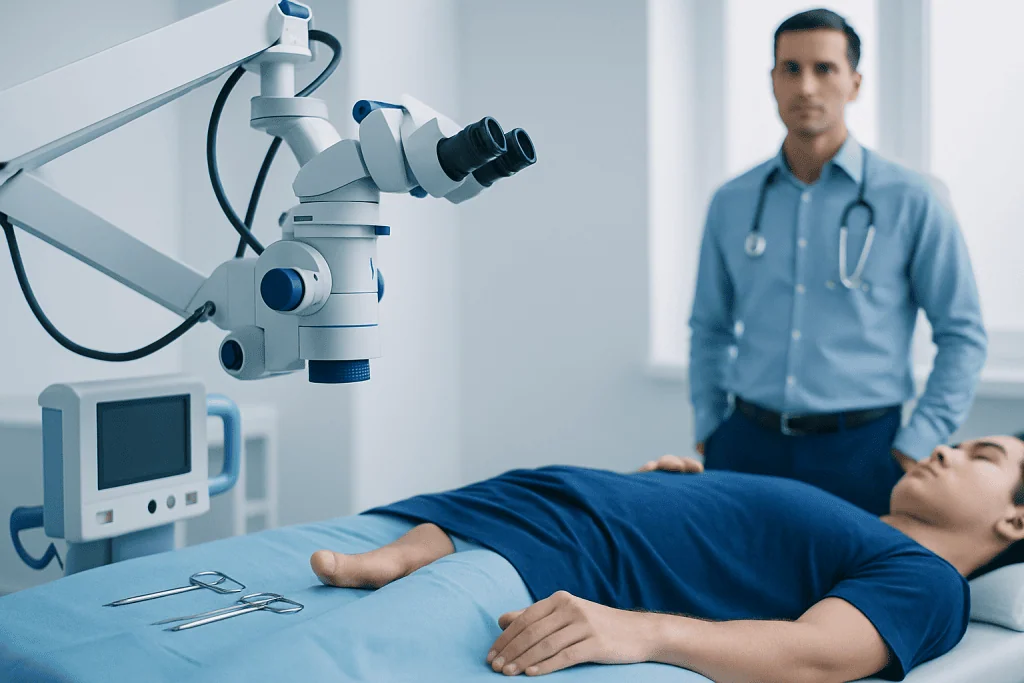 Doctor performing a medical procedure with advanced equipment in a hospital room.