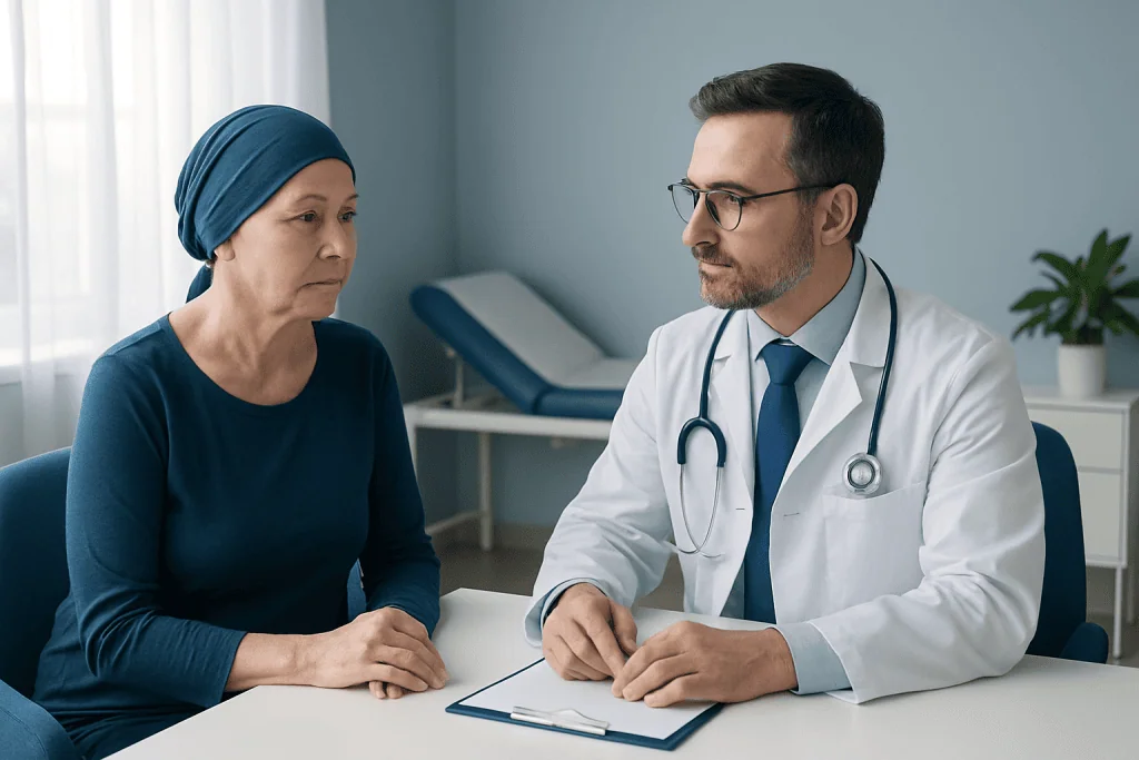 Doctor consulting with a female patient in a medical office setting.
