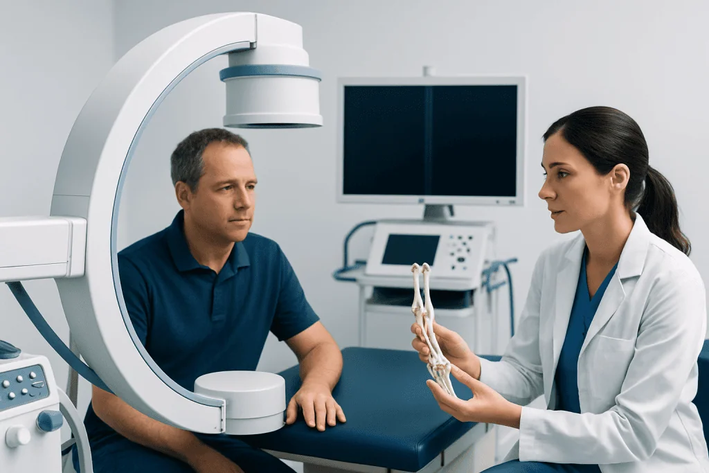 Doctor explaining Cmc Arthroplasty to patient in a medical clinic.