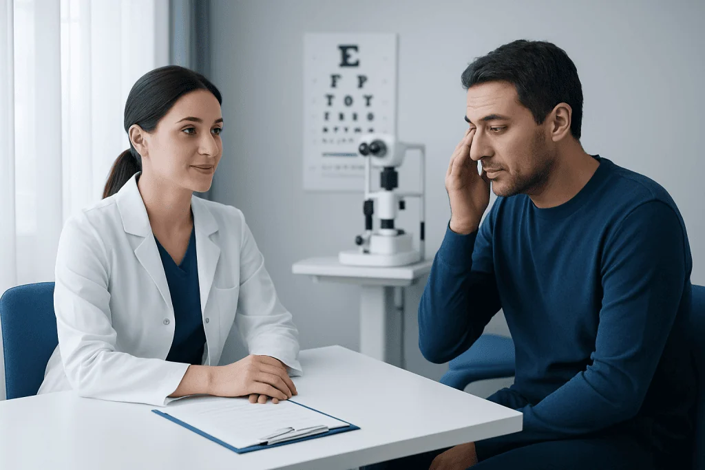 Doctor consulting with patient about eye health in clinic setting.