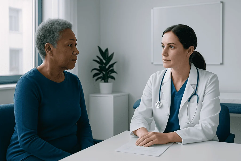 Doctor consulting with an elderly patient in a medical office.