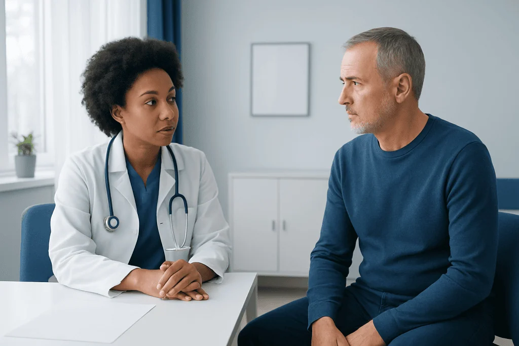 Doctor consulting with a male patient in a modern clinic setting.