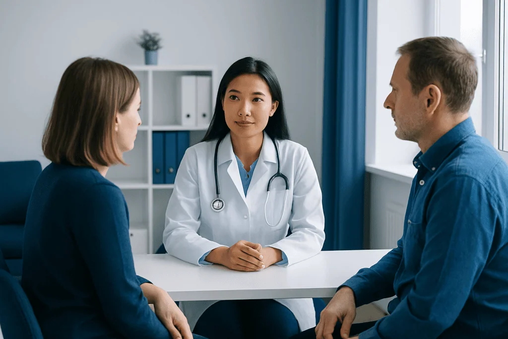 Doctor consulting with two patients in a medical office.